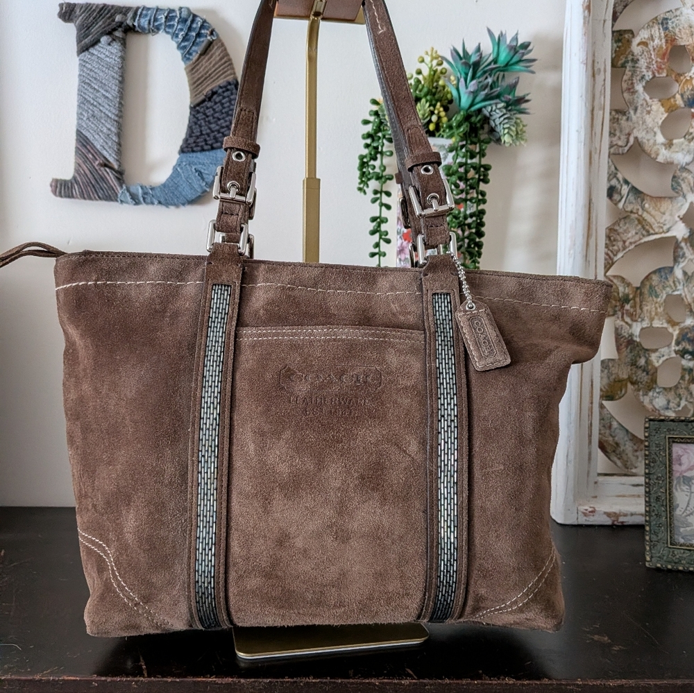 Coach Vintage Chocolate Brown Suede Beaded Tote Bag